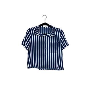 No Comment Women’s Crop Button-Down Top, Blue & White Stripe, Size L, EUC